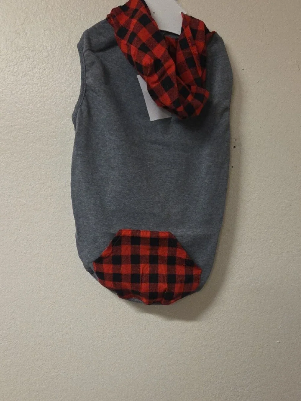 Gray Dog Hoodie with Red Buffalo Plaid Accents